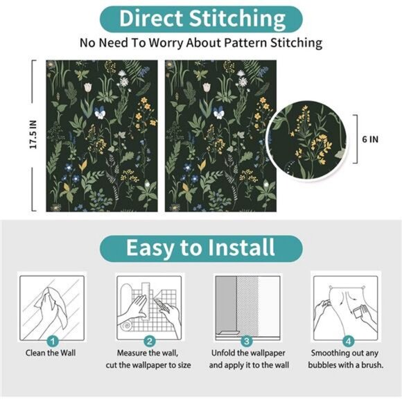 17.5 x 118" Removable Peel and Stick Wallpaper Boho Floral Wallpaper,‎ Easy Peel - Picture 3 of 6